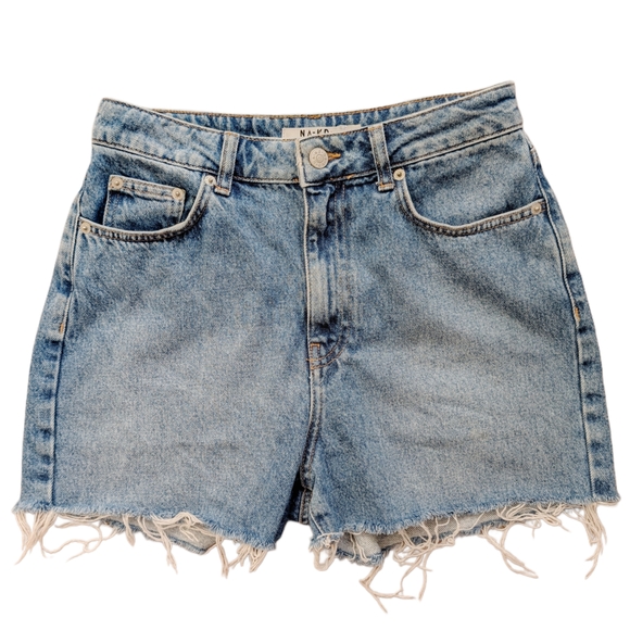 Na-Kd Pants - NA-KD Medium Wash Blue High Waisted Raw Hem Denim Shorts Size 36